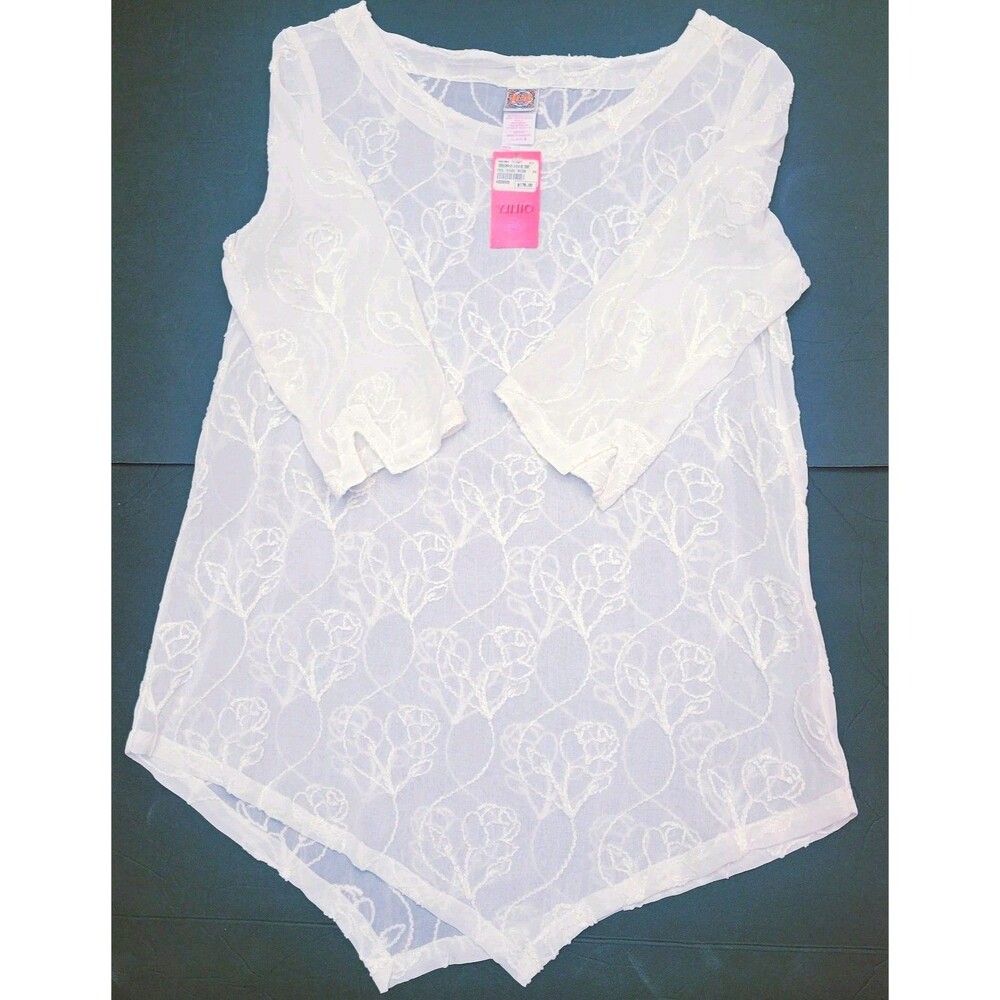 Oilily White Sheer Floral Embroidered V-Neck 3/4 Sleeve Tunic EU 38